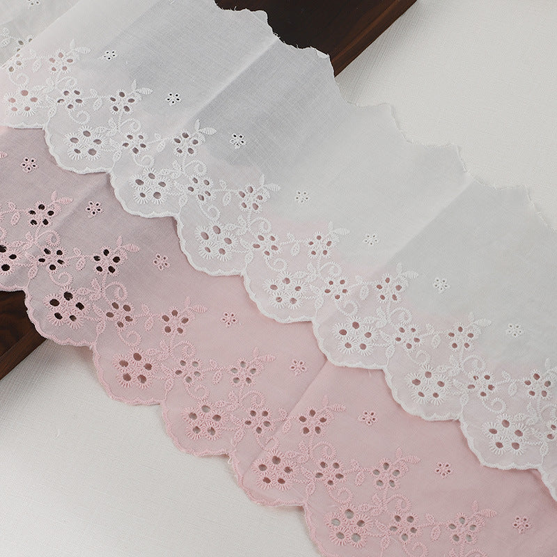Cotton embroidered lace trim in white with scalloped edge and floral eyelet pattern
