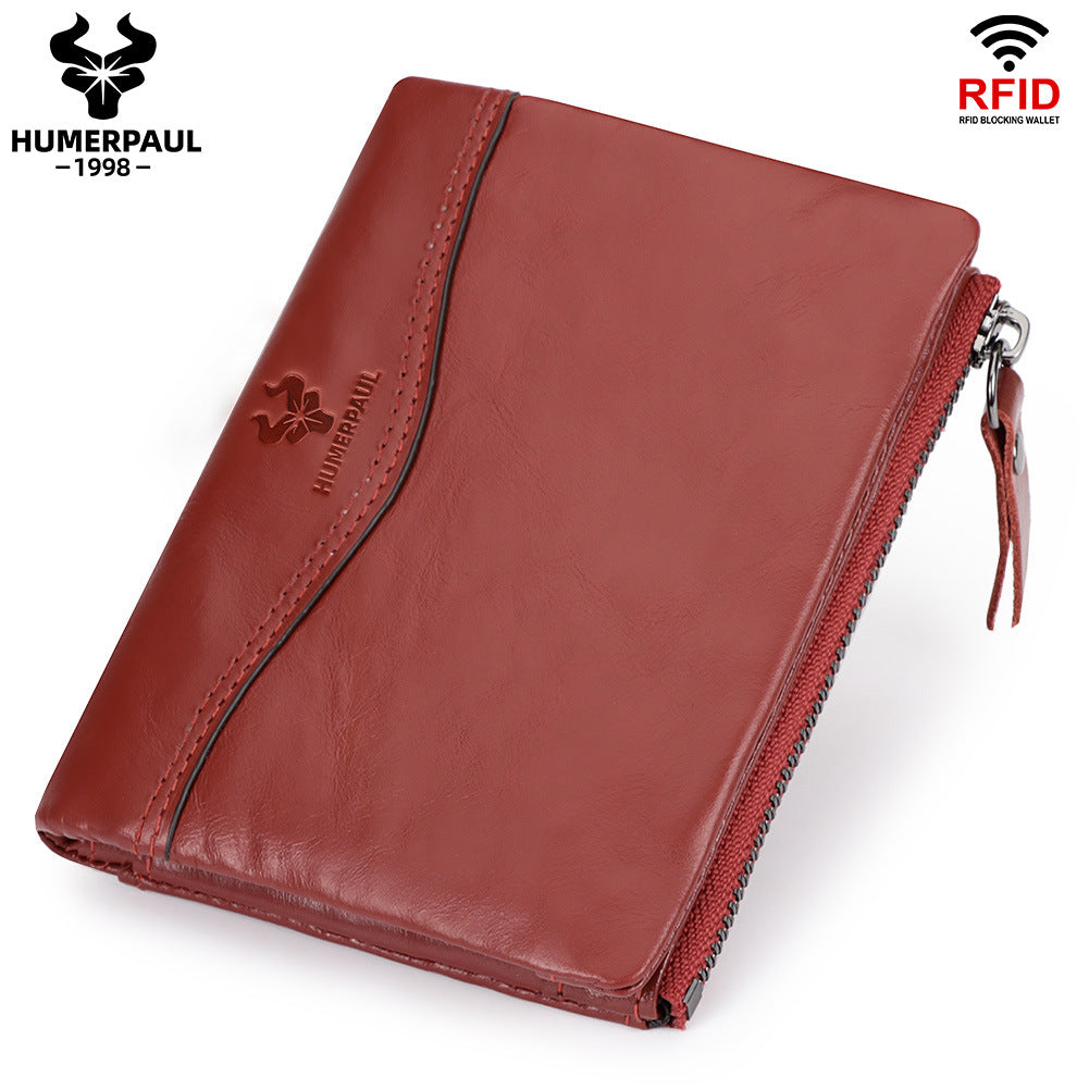 Retro Genuine Leather Short Wallet Red