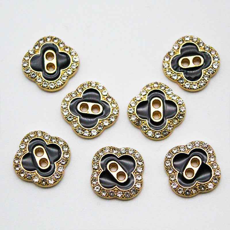 Clover square 2-hole decorative metal shirt button, black center, gold-tone rhinestone trim