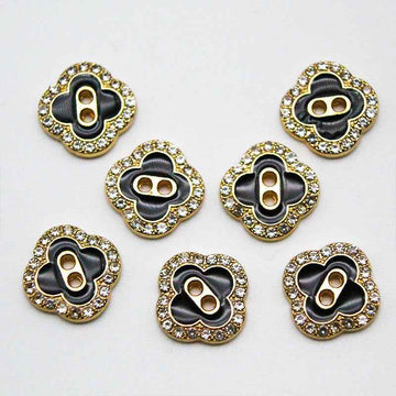 Clover square 2-hole decorative metal shirt button, black center, gold-tone rhinestone trim