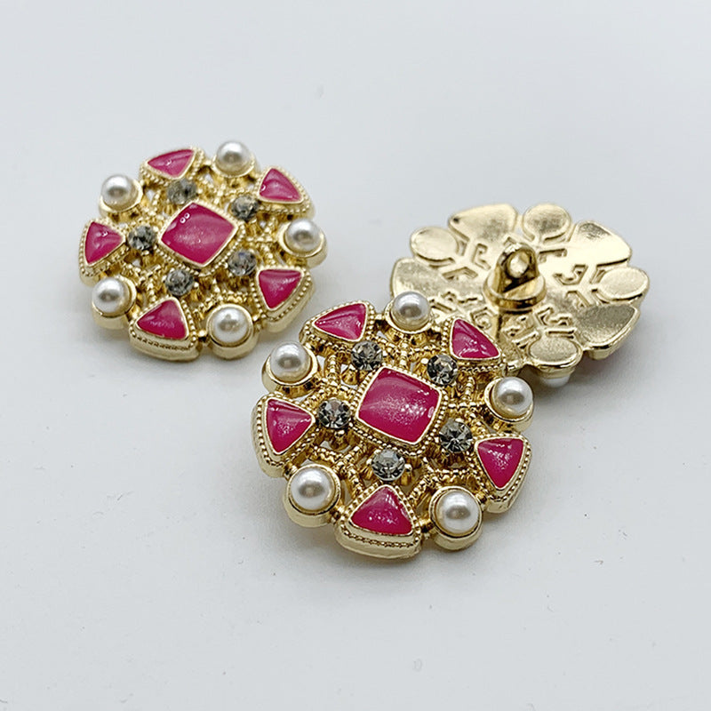 Hot pink round rhinestone shank buttons with faux pearls and gold filigree back