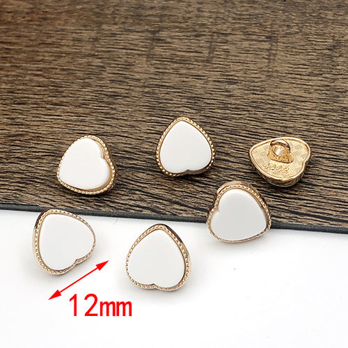 12mm heart-shaped metal buttons, white with gold edging, metal shank