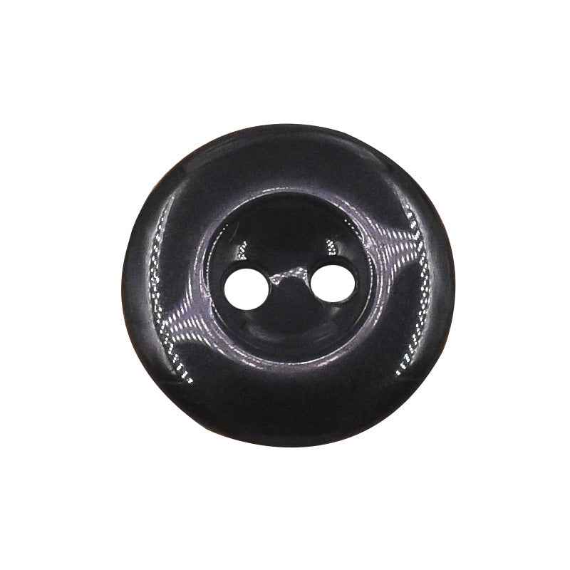 Single black round 2-hole resin button, close-up of two holes and shiny molded texture