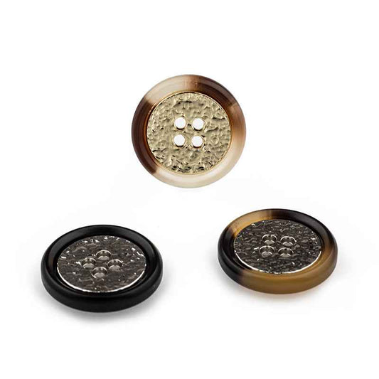 Round 4-hole resin-metal buttons in beige, brown/coffee and black, front view