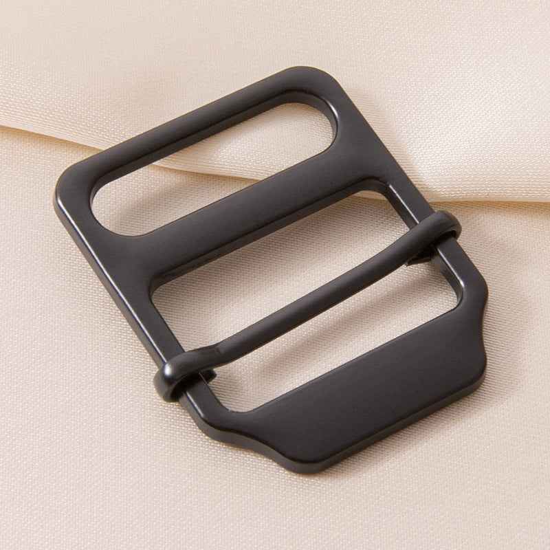 Black ladder lock buckle for adjustable straps with metal bar through frame