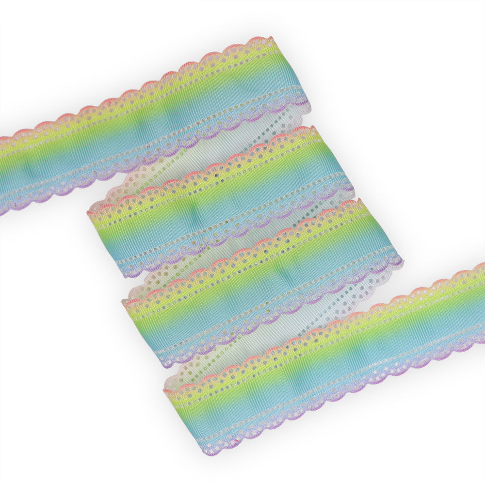 30mm lace gradient ribbon with ribbed stripes in green, blue, and pink tones