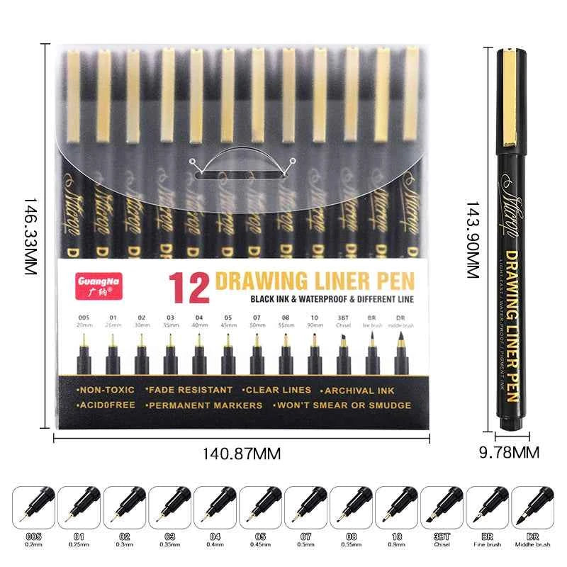 Guangna Micro Fineliner Pens,Black Ink Drawing Art Pens 12 Pack