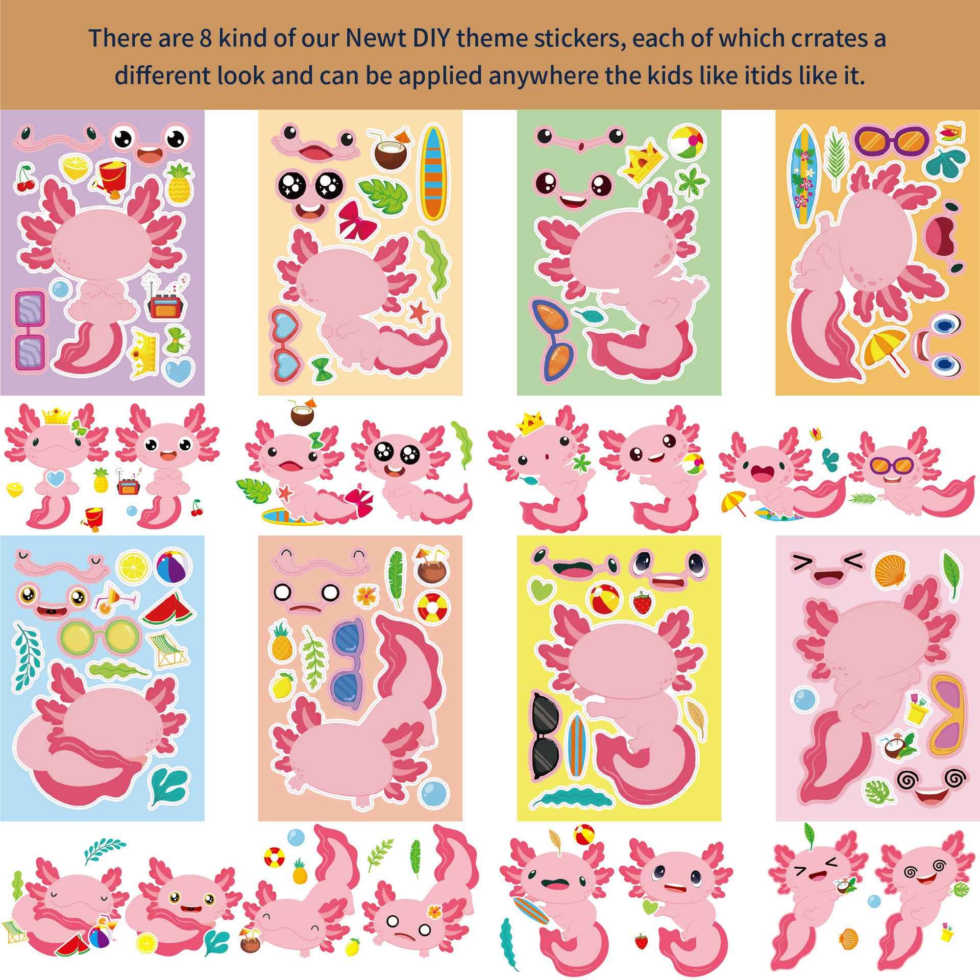 Make a Face Cartoon Axolotl Animal DIY Stickers for Kids 24 Sheets