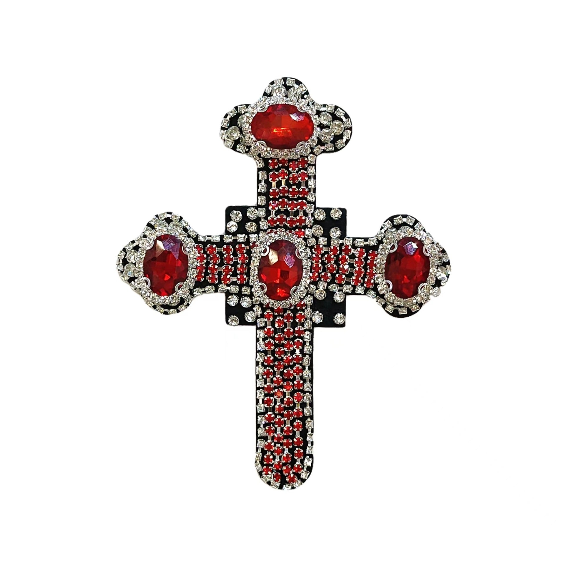 Beaded cross patch with red oval stones and red beadwork on black.