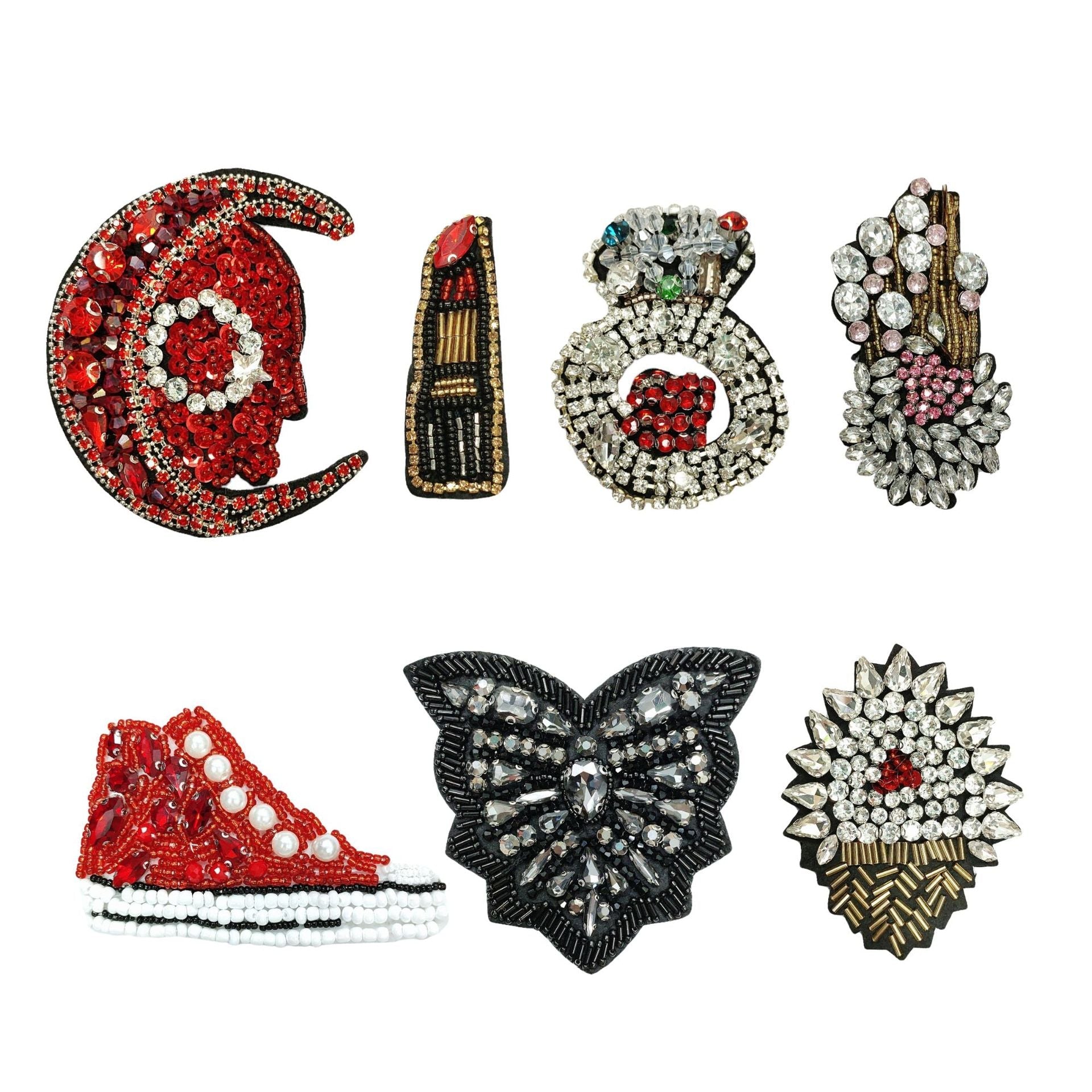 7-pack jeweled fabric patches: red moon, lipstick tube, hand, star flower, shoe, bow, sunburst