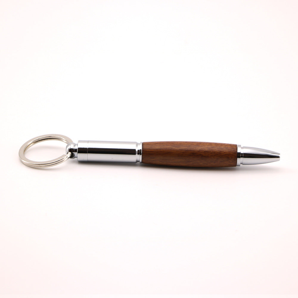 Bolt Action Keychain Wood & Metal Ballpoint Pen Silver Red