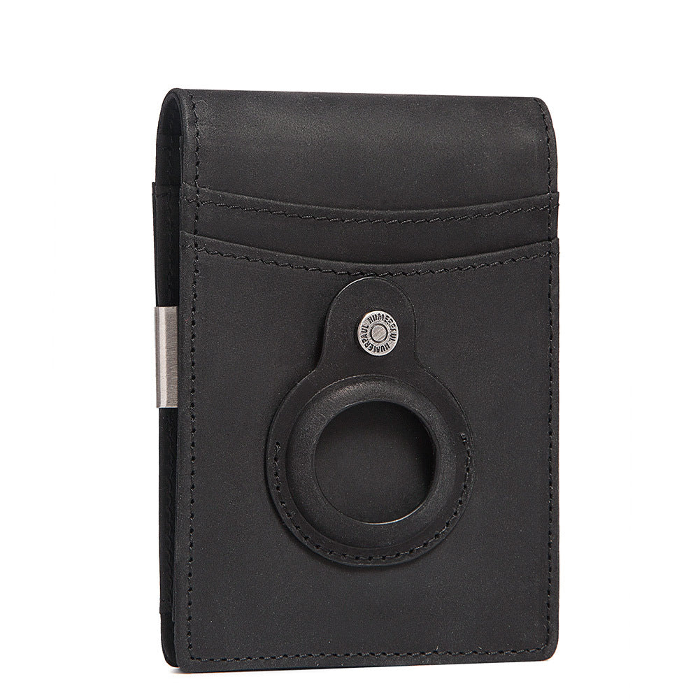 RFID Top Grain Leather Card Holder Wallet with AirTag Slot Black