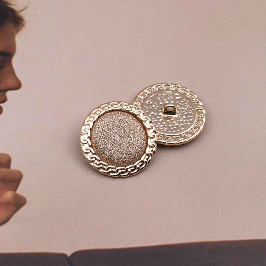 Gold sequin shank button, fabric-covered round front with chain-style edge (18/23/25mm)