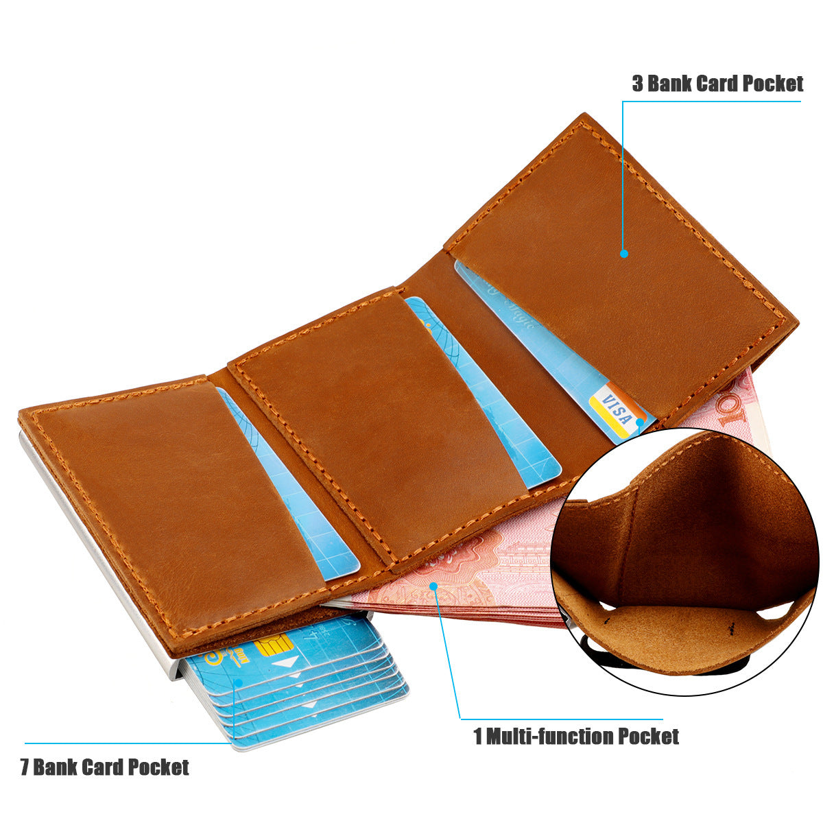 Leather RFID Blocking Card Holder Wallet Pop-Up Aluminum Case