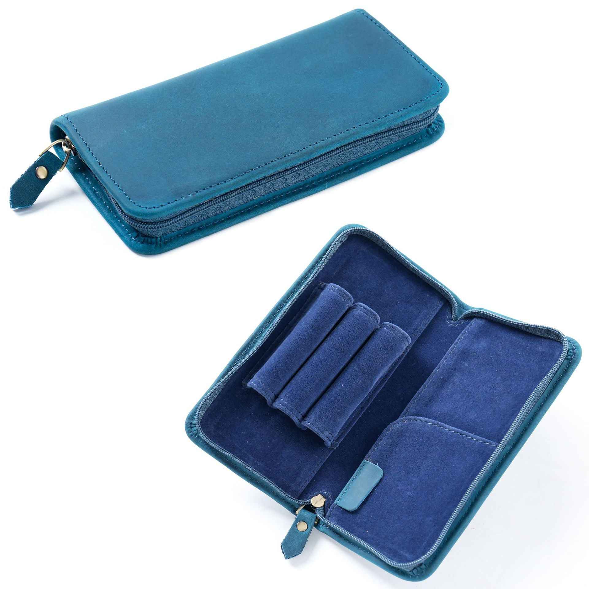 Crazy Horse Leather Fountain Pen Pouch Full-Grain Cowhide Zipper Case Blue