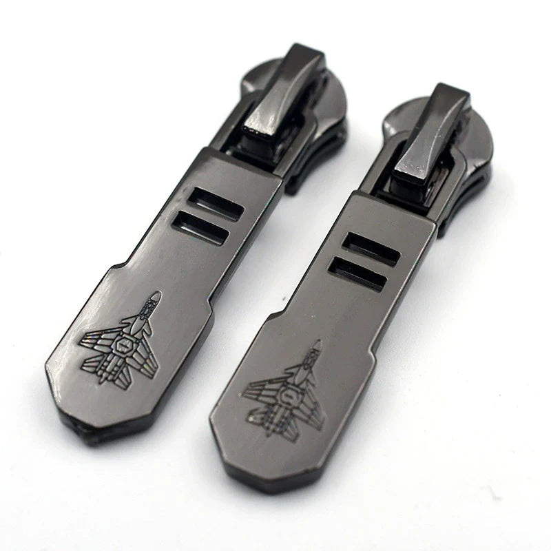 Silver-tone metal zipper pulls, small bar tabs with side vents and crest graphic, 10-pack