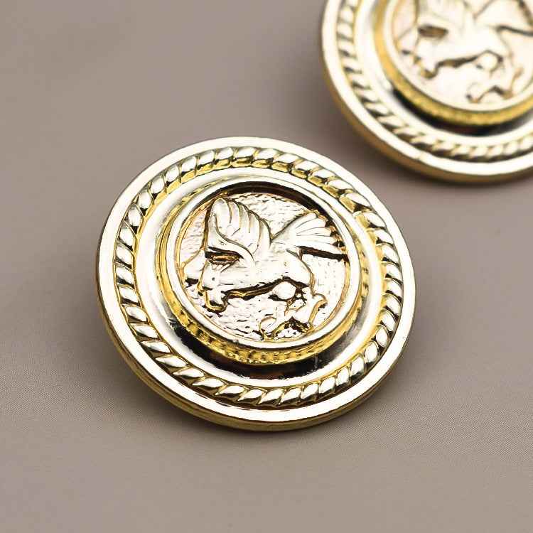 Silver-tone round metal shank button with embossed gryphon crest, braided border