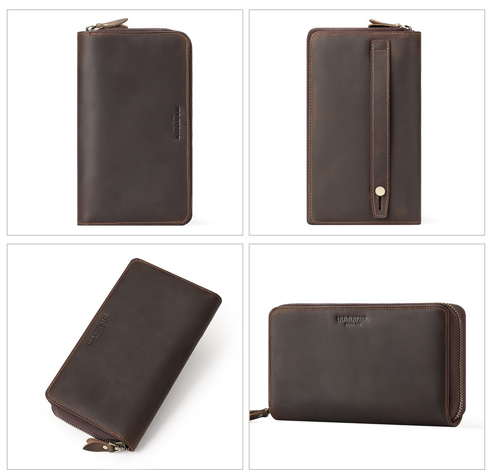 Men's RFID Long Leather Wallet – Full Grain Cowhide Zip Clutch
