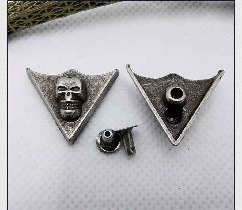 Triangular skull punk studs with screw-back rivet pieces, vintage silver