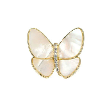 Butterfly brooch pin with mother-of-pearl shell wings and zircon-studded center, Color A
