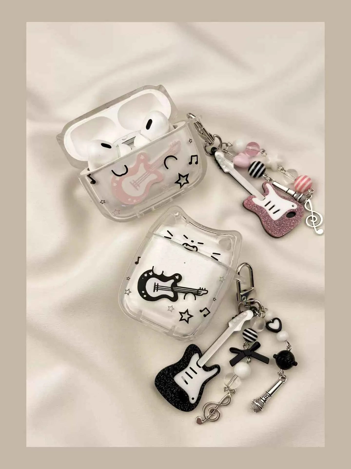 Cute Line Art Guitar Cat AirPods Case