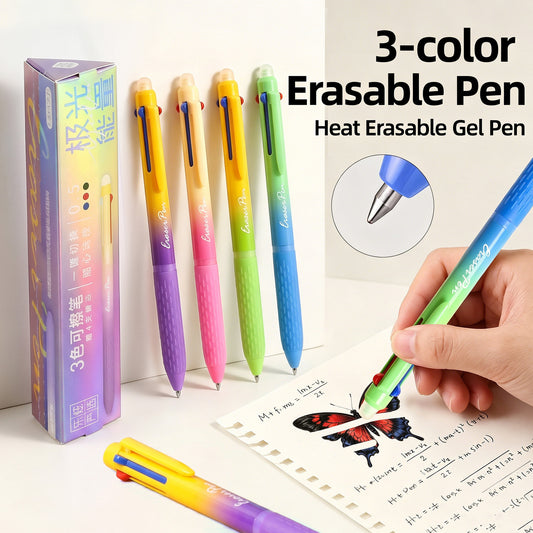 Erasable Gel Pen Set – 3 Colors (Red, Blue, Black) | 0.5mm Retractable | 4 Pens + Refills