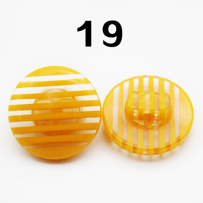 Rainbow striped resin button set, yellow with white horizontal stripes, round shank