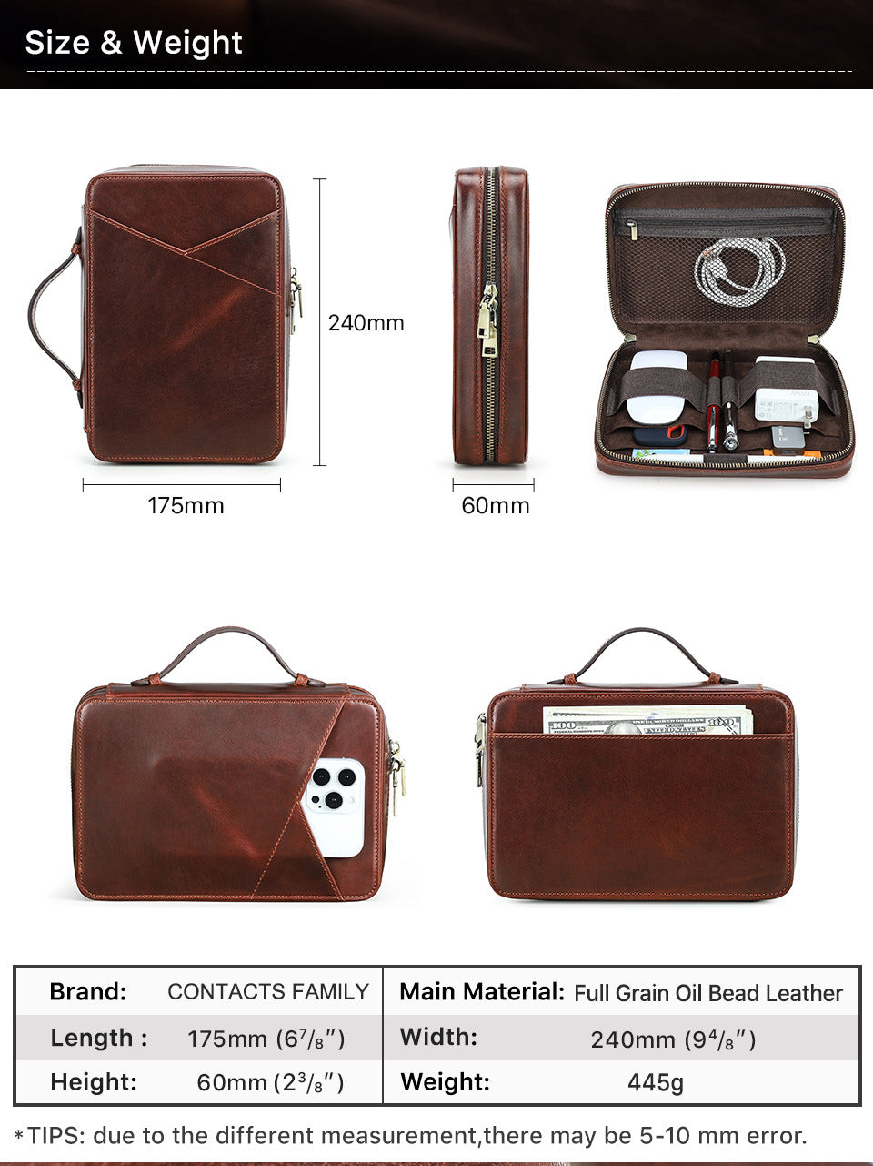 Full-Grain Cowhide Leather Tech Organizer Bag Cable & Digital Accessories Pouch