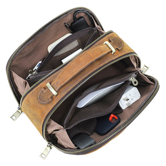 Vintage Leather Tech Carry Bag Dual-Zip Power Bank & Cable Organizer Handheld Pouch