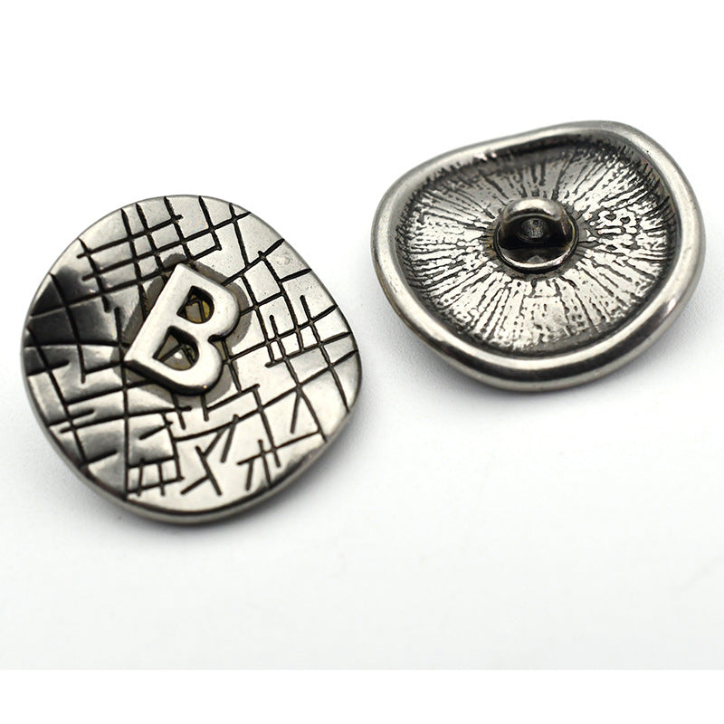 Antique silver letter B button with grid pattern and curved shank back, 23mm