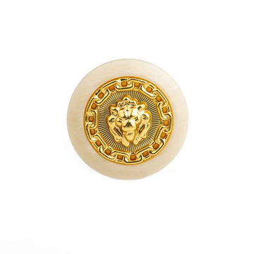 Beige round lion resin-metal button, gold lion crest, 2-hole look