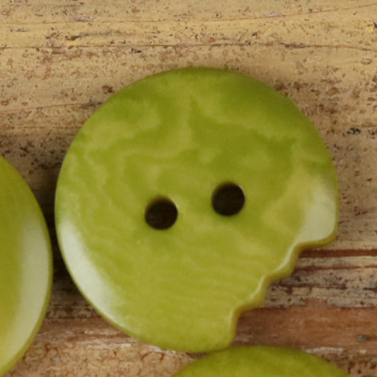 Green irregular seed button with two holes, natural scalloped edge.