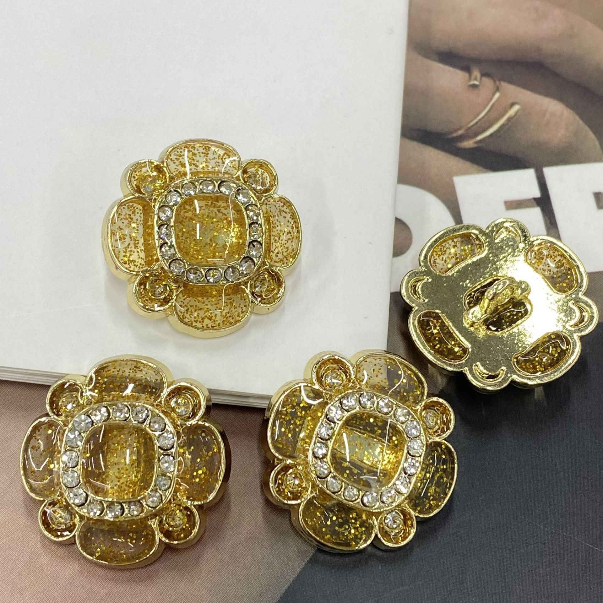 Glitter jelly flower metal shank buttons, gold-yellow square center with crystal border
