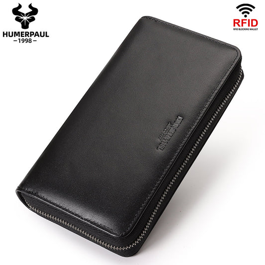 Men's RFID Long Leather Wallet – Full Grain Cowhide Zip Clutch Black