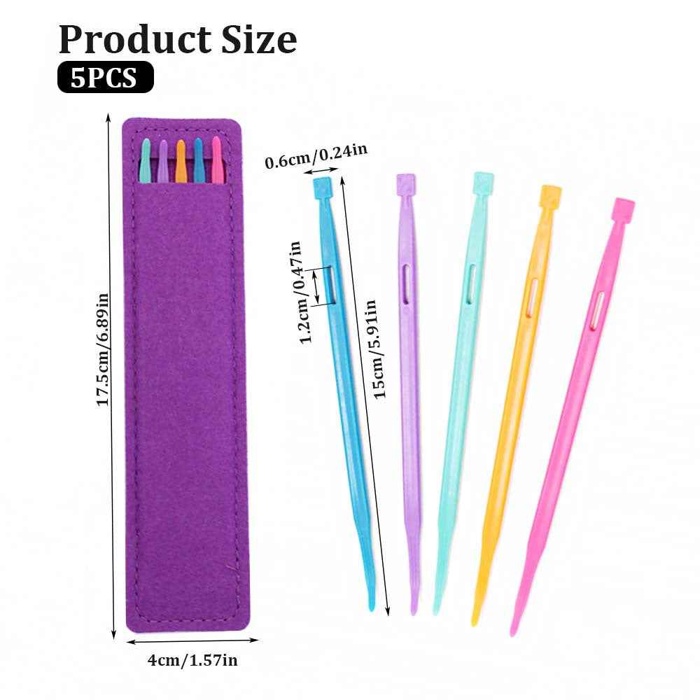 Purple pouch with five colored sewing needle tools; lengths labeled in inches