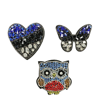 Beaded heart, bowtie, and owl fabric patches set—blue and black with rhinestones