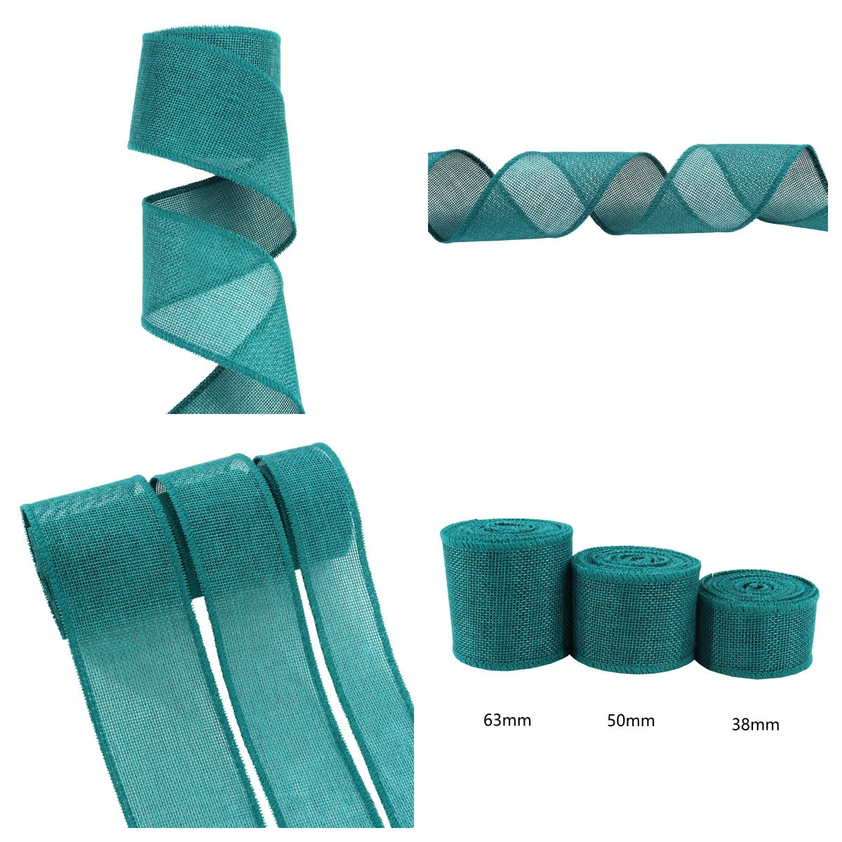 Teal green cotton ribbon garden ties, 3 pack—38mm, 50mm, 63mm rolls.
