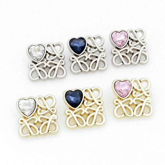 Square filigree metal buttons with heart glass: blue and clear heart, 48-pack