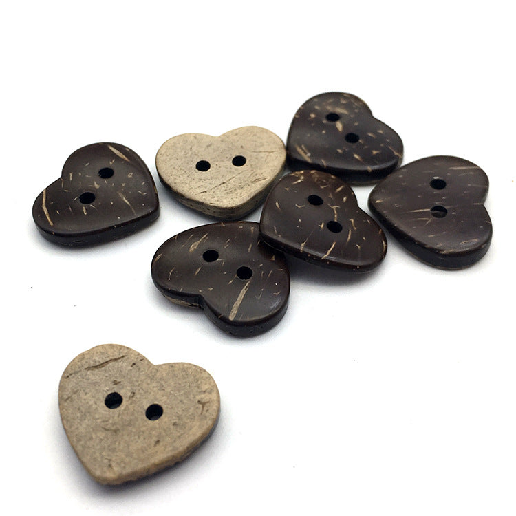 Mixed heart-shaped coconut shell buttons, two-hole; dark brown and natural beige