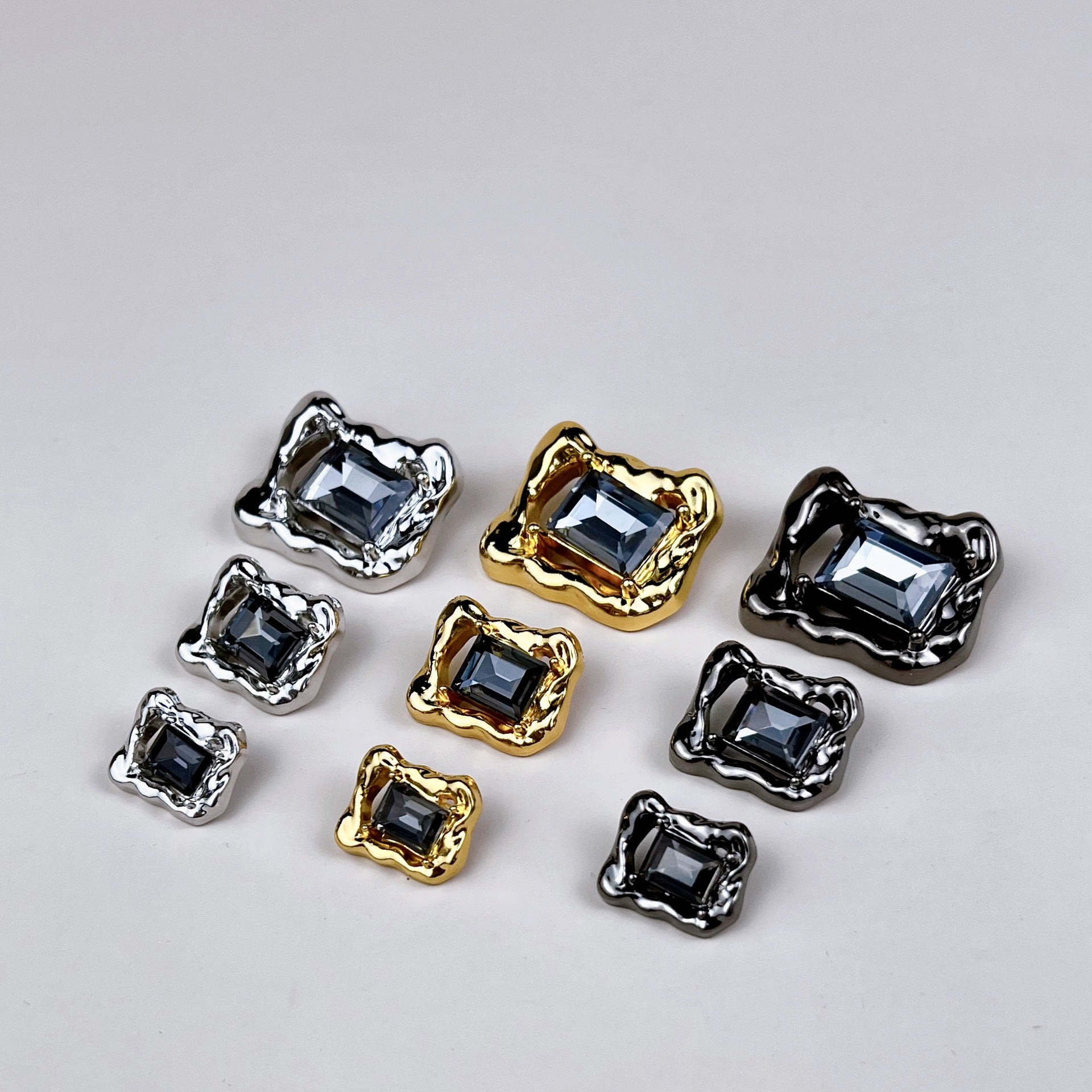 Lots of Buttons beveled diamond rectangular hollow metal buttons, gold/silver/gunmetal
