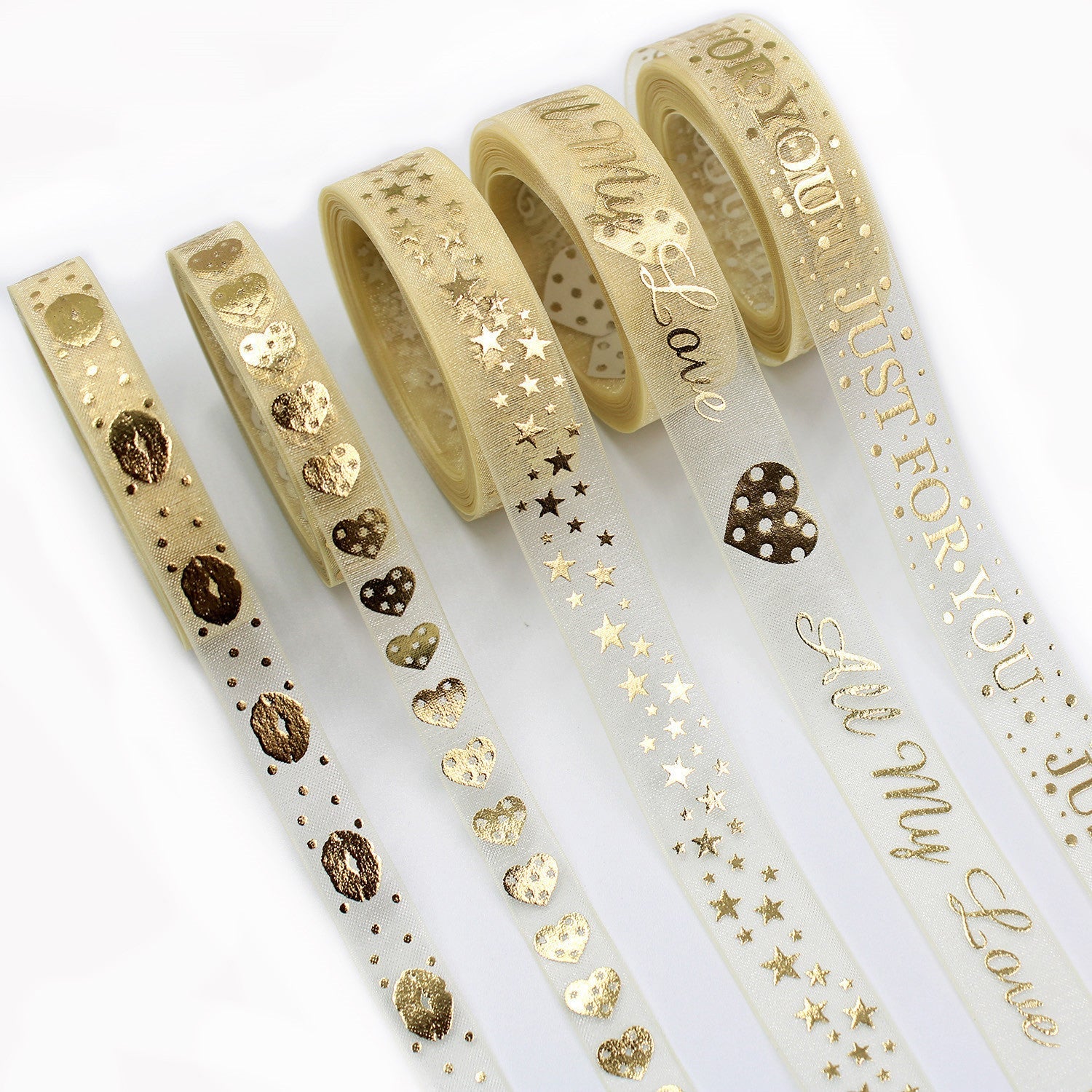 Gold foil heart-and-love gauze ribbon set with star patterns and “Love” text, 16mm