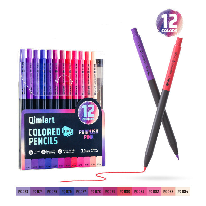 Qimiart Click Retractable Colored Pencils Set of 12 Oil-Based Includes Sharpener Purplish Pink