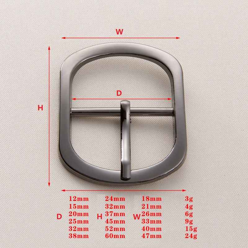 Gunmetal center-bar belt buckle, pin adjustable, W and D size diagram