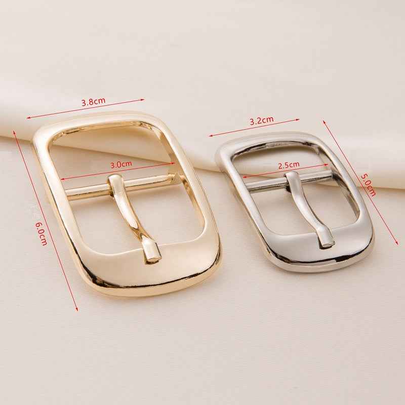 Rectangle center bar buckle size chart, gold and silver, marked widths and heights
