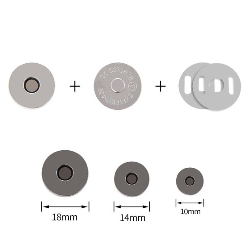 Round magnetic snap buttons size guide: 18mm, 14mm, 10mm