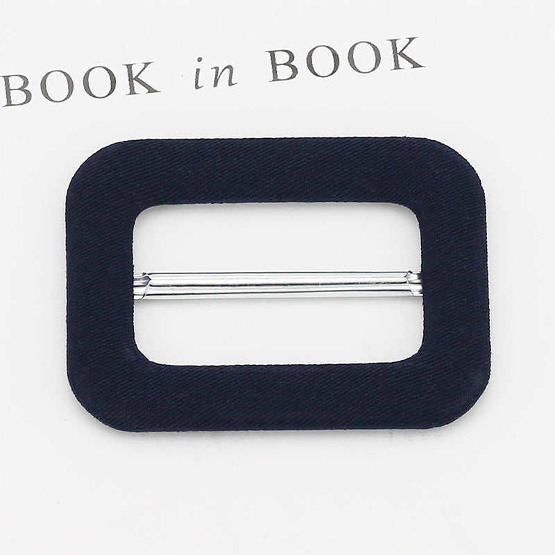 Fabric-covered D-ring buckle for belt adjustment, deep blue fabric with silver metal bar
