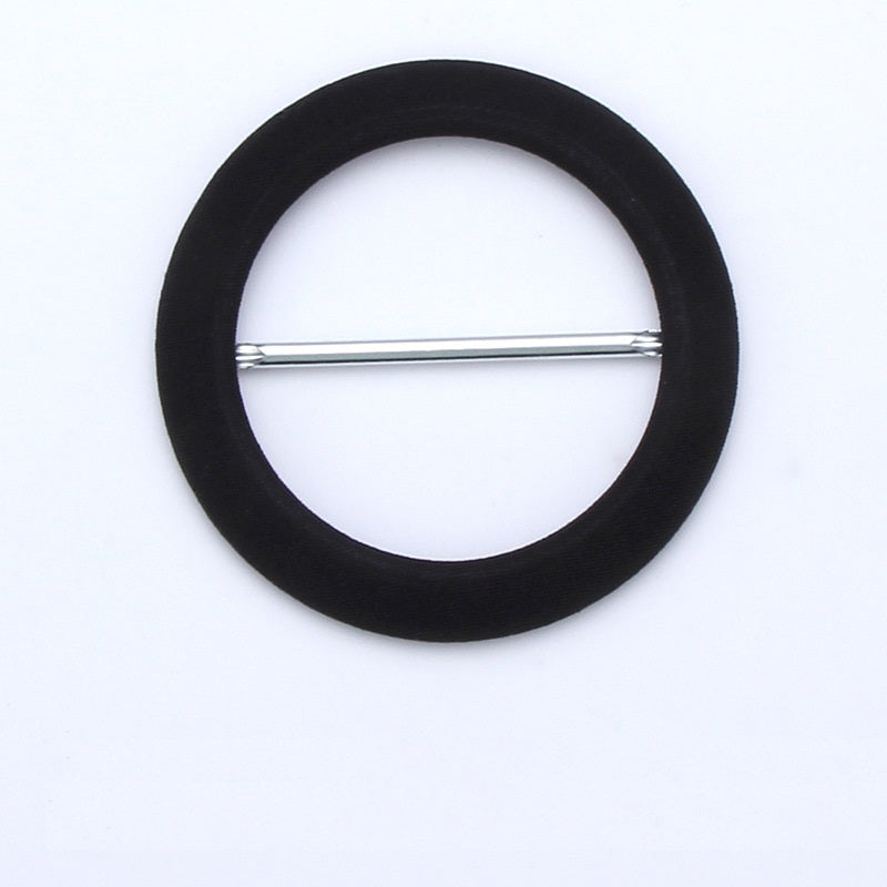 Black round fabric-covered D-ring buckle with metal adjustment bar