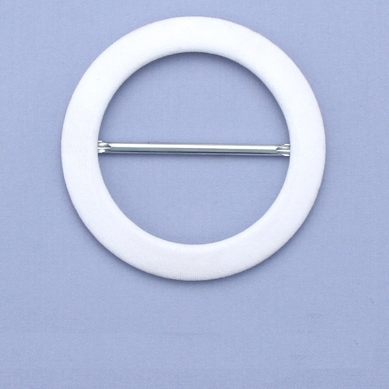 White round fabric-covered D-ring buckle with metal adjustment bar