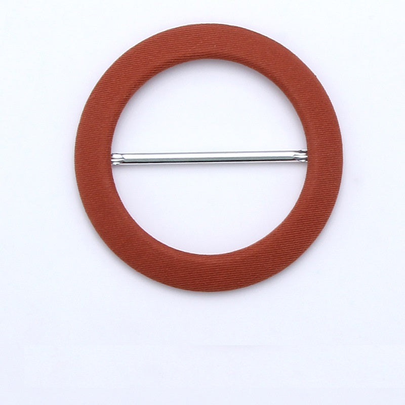 Rust brown round fabric-covered D-ring buckle with metal adjustment bar