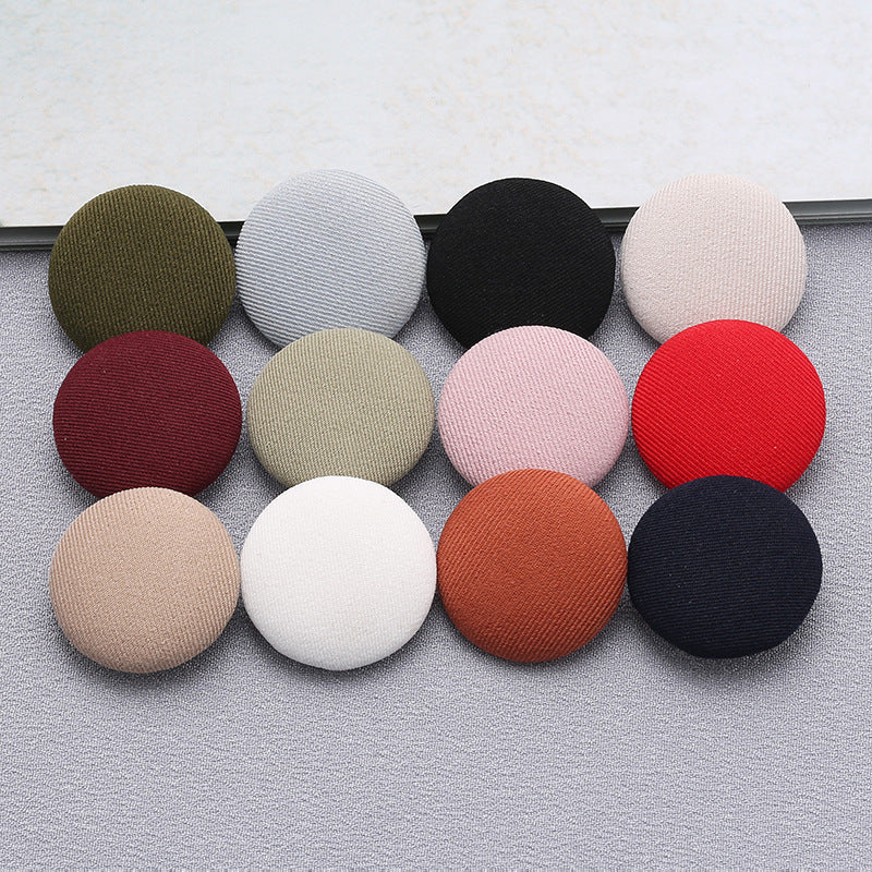 Fabric-covered shank buttons, round tops in olive, gray, black, blush, red, beige